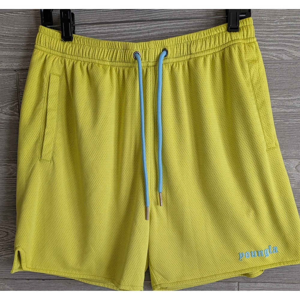 Youngla Mens Mesh Gym Workout Shorts Lined Lime Green Blue Logo SZ Large